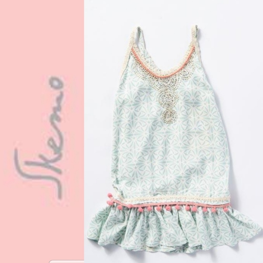 Anthropologie Girls Light Aqua & Coral Tassel Tank Dress medium 6